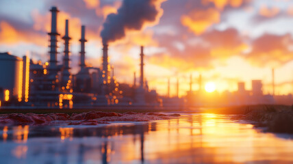 Fototapeta premium vibrant sunset reflects on water in foreground, with industrial plant emitting smoke in background. scene captures contrast between nature and industry, evoking sense of awe