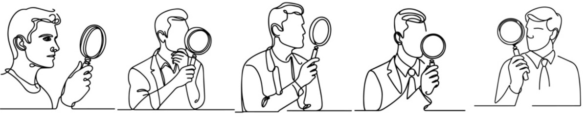 vector continuous line set of people with magnifying glasses