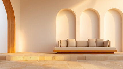 Modern luxury interior design of living room featuring minimalist sofa, warm lighting, and elegant arches. serene atmosphere invites relaxation and comfort