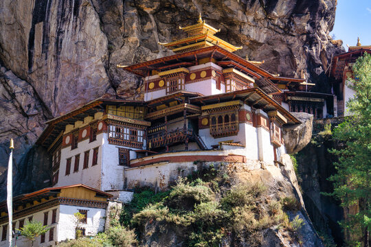 Close-up of Tiger's Nest Monastery (Paro Taktsang) on a cliffside, Paro Valley, Bhutan