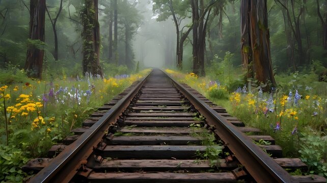 Rusty, abandoned railway tracks disappearing into a dense foggy forest, with wildflowers and vines growing over the rails, surrounded by towering ancient trees