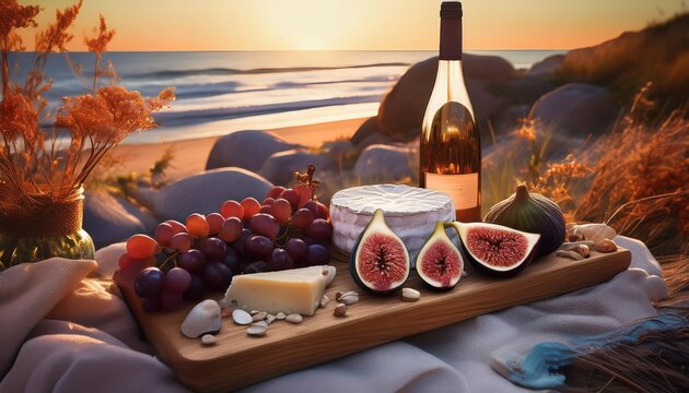 Delightful summer picnic by the beach with fresh fruit and wine at sunset