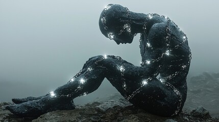 Abstract sculpture of a human figure sitting in chains, illuminated by shimmering lights, set against a foggy and ethereal background in a mysterious landscape.