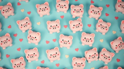 Obraz premium Cute Piggy Banks and Hearts Pattern on Teal Background