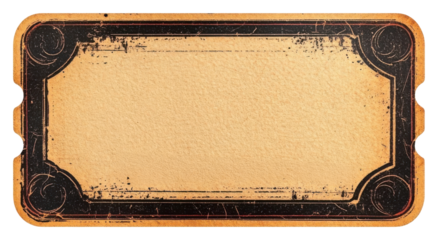 A vintage-style rectangular label with a textured surface and ornate border, showcasing an aged appearance.