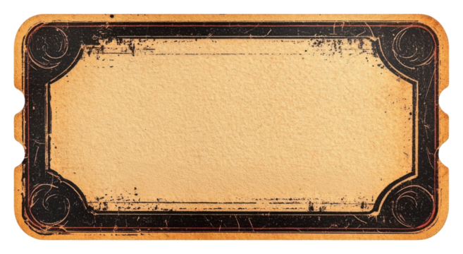 A vintage-style rectangular label with a textured surface and ornate border, showcasing an aged appearance.