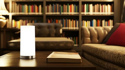 Cozy reading nook with lamp and books.