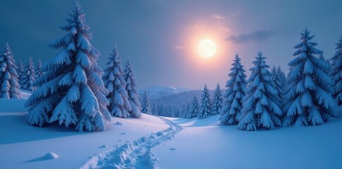 Fototapeta premium Snow-covered trees stretch towards a pale moonlit sky, tree, scenery, woodland
