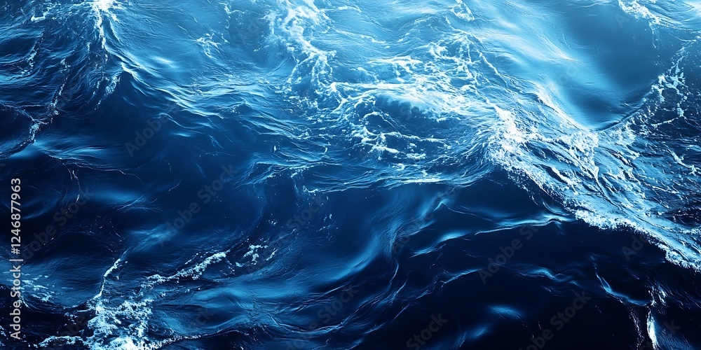 Poster Dynamic Ocean Waves in Deep Blue Tones Capturing the Movement and Energy of the Sea : Generative AI