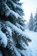 Snow-covered pine tree branches frozen in the frost, snowy, nature