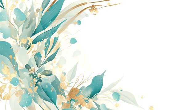 Teal and gold floral arrangement on white background for invitations or decor