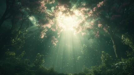 Dappled light streaming through lush canopy enchanted forest nature scene serene atmosphere low angle tranquility