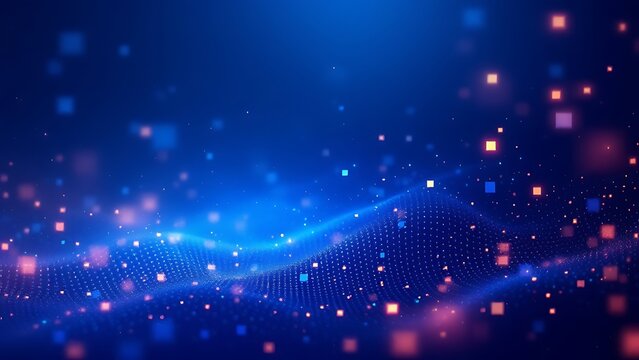 Dark background with blue pixel pattern. Vector illustration of abstract bg with geometric square elements grid. digital backdrop with dissolve rectangle dot particle mosaic gradient texture.