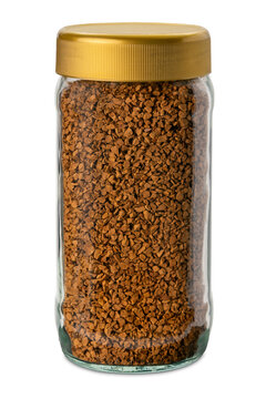 Soluble coffee in glass jar with gold-colored cap isolated