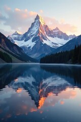 Snow-capped peaks reflect a serene morning light, sunrise, mountains, landscape