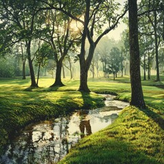Morning serenity sunlit trees and reflective water in a tranquil park setting