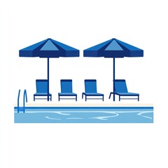 Naklejka premium Poolside lounge chairs under umbrellas. Resort vacation backdrop. Stock image