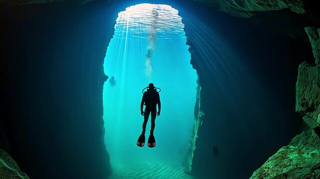 Diver explorer gliding through a tranquil underwater cavern filled with ethereal blue light, motion background