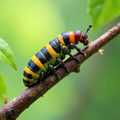Single May beetle larva on a twig with leaves, leaves, nature
