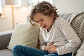 Obraz premium Young child experiencing stomach pain on a couch at home