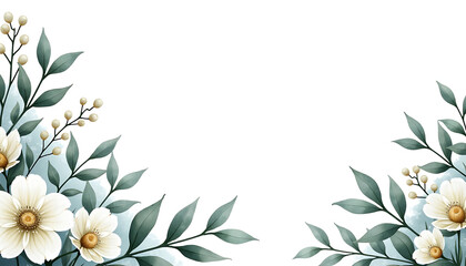 Floral border design with green leaves and white daisies