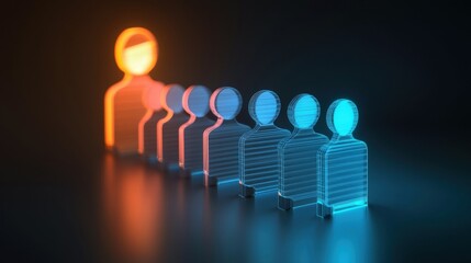 Leadership concept with illuminated figures in a line on dark background