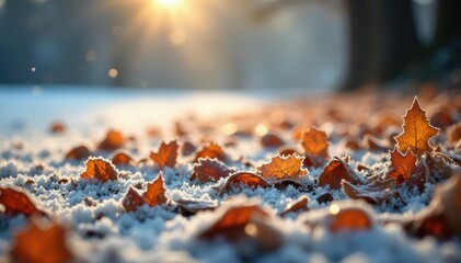 Muted brown leaf clusters fall on frosty ground, Cold weather, Frosty mornings