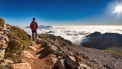 Fototapeta premium Breathtaking summer view from a mountain peak above the clouds at sunrise