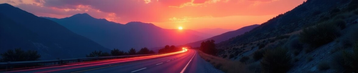 Fototapeta premium Mountain road at sunset with fading light trails, highway, sunset, landscape