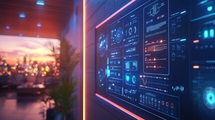 Obraz premium Futuristic smart home interface with neon display overlooking cityscape at sunset