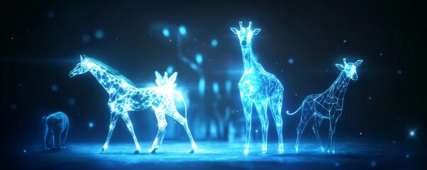 Elegant blue glowing giraffes in dark backdrop.
