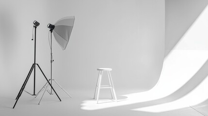 Empty spacious photo studio with bright white walls and soft lighting ideal for professional shoots
