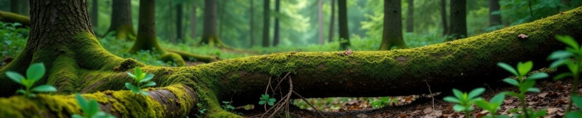 Fototapeta premium Moss-covered fallen tree trunk in German fir and pine forest, pine, wood, plants
