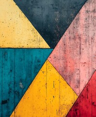 Naklejka premium Colorful Abstract Geometric Art on Rustic Wooden Surface with Vibrant Triangular Shapes : Generative AI