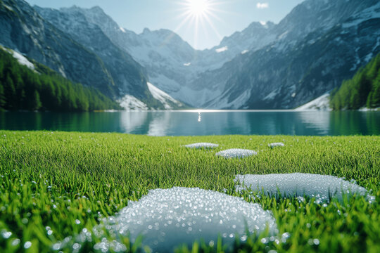 Melting snow on green grass near mountain lake