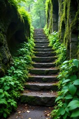 Obraz premium Moss and ferns create a verdant oasis on ancient stone stairway, nature, earthy tones, natural scenery