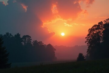 Obraz premium Morning sun rises behind smoky clouds and trees, natural, serene