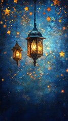 Golden lanterns and stars on a dark blue textured background creating a magical atmosphere