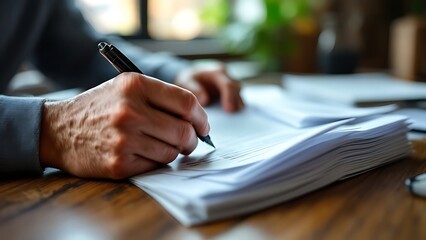 Close-up of a person working with documents, analyzing paperwork, and writing notes at a desk. Concept of office work, paperwork, and administration.