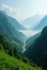 Fototapeta premium Misty valley nestled in the green mountains foggy landscape, landscape, forest, nature