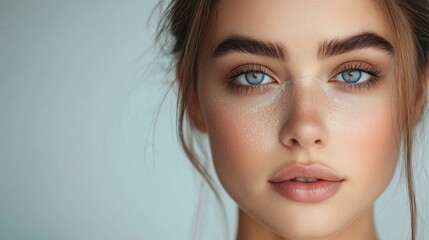 Naklejka premium Close-up beauty portrait of a woman with natural makeup and blue eyes