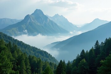 Fototapeta premium Misty mountain peaks shrouded in clouds and green forests, landscape, mountain, tree lined