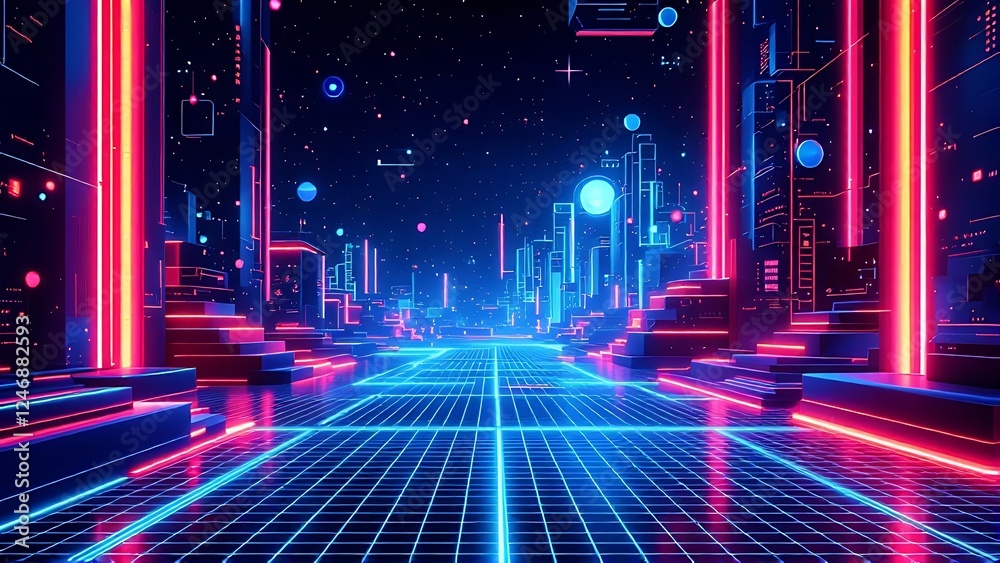 Wall mural futuristic digital technology background with glowing particles and abstract grid, representing inno