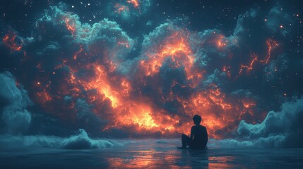 Obraz premium Person Sitting on Water Surface Gazing at a Cosmic Scene Filled with Bright Clouds and Twinkling Stars Illuminated by Fiery Colors in a Dreamlike Atmosphere