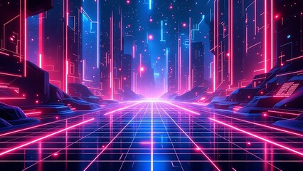 Futuristic digital technology background with glowing particles and abstract grid, representing innovation and data flow.