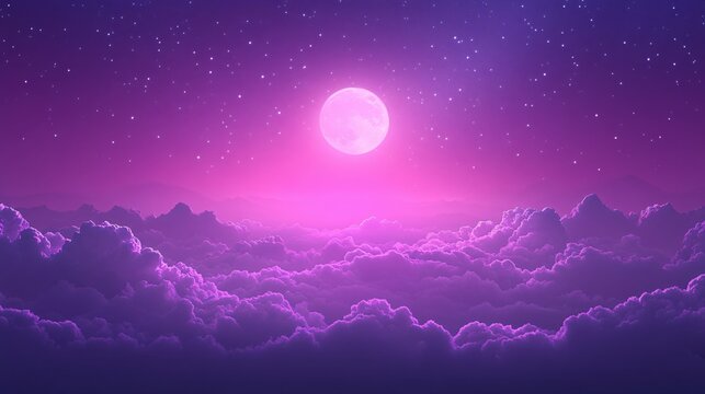 Dreamy night sky with full moon above purple clouds and distant mountains in a serene scene