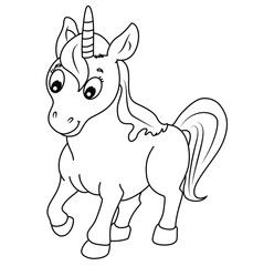Cute cartoon hand drawn vector  magical unicorn coloring page.