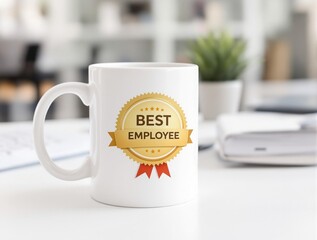 white coffee mug with gold best employee badge on office desk symbolizing workplace appreciation recognition and professional reward