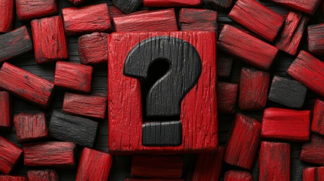 Bold red and black question mark surrounded by textured wooden blocks on a dark surface