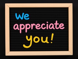 vivid blackboard with wooden frame and colorful text of we appreciate you on dark background for heartfelt employee recognition